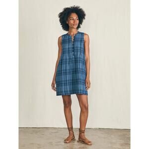 Faherty Isha Clearwater Navy Blue Plaid Dress Organic Cotton EUC XS Pockets